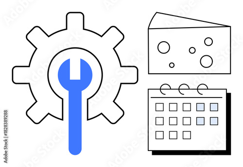 Gear and wrench for tools and settings, cheese slice for choices, and calendar for scheduling. Ideal for task planning, productivity, maintenance strategy, resource allocation, decision-making