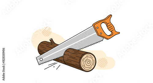 A hand saw is actively cutting through a large wooden log, creating sawdust in the process, set against a simple, clean background.