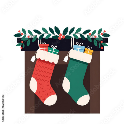 Festive christmas stockings overflowing with gifts hang from a garland above a cozy fireplace mantelpiece creating a warm and cheerful holiday atmosphere