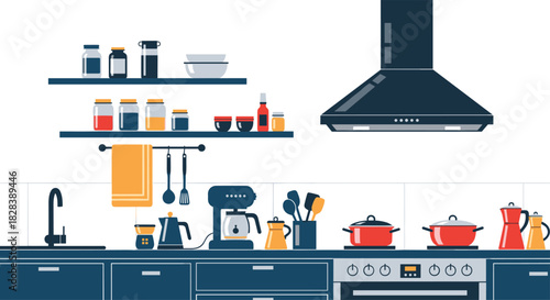 A modern kitchen interior with essential appliances, cooking utensils, and food storage jars, showcasing a clean and functional design.