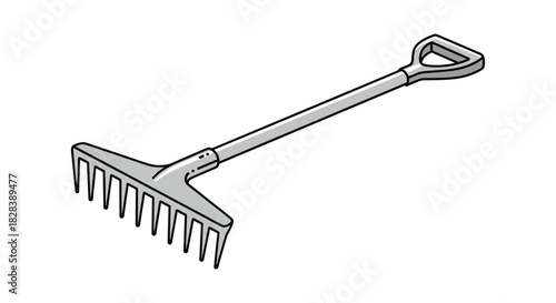 A digital illustration featuring a classic gray garden rake with a sturdy long handle and a comfortable D-grip, presented on a clean white backdrop.