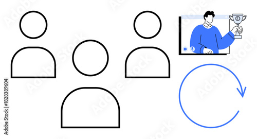 Four outlined figures representing teamwork, a screen with a person holding a trophy for recognition, and a circular arrow symbolizing process improvement. Ideal for team dynamics, remote work