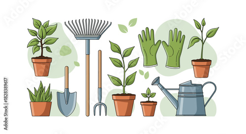 A charming illustration showcasing essential gardening tools: a rake, shovel, watering can, gloves, and diverse potted plants and seedlings for cultivation.