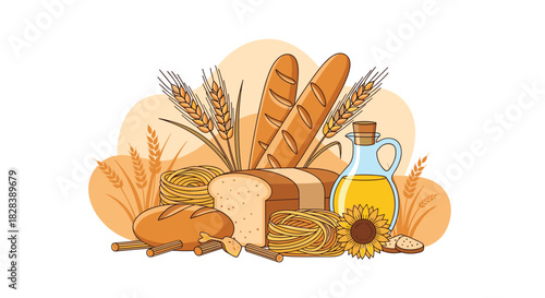 An inviting display of fresh bread, golden wheat stalks, various pasta shapes, and a bottle of sunflower oil, embodying farm-to-table goodness.