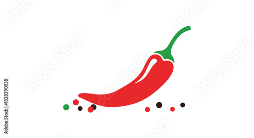 A vibrant red chili pepper with a green stem, surrounded by an assortment of colorful spice granules, suggesting heat and flavor.