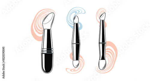 Collection of three stylish makeup brushes with sleek design, including foundation and eyeshadow types, surrounded by abstract pastel swirls.