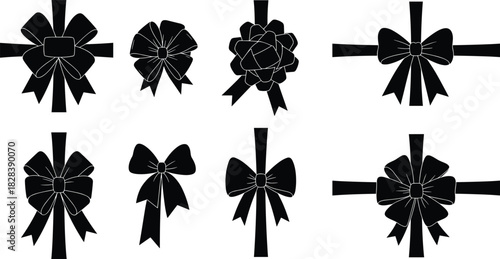 Christmas bow silhouette, festive ribbon icon, holiday decor vector, elegant gift wrap design, seasonal ornament graphic, winter celebration illustration