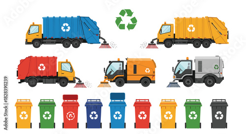 Colorful collection of recycling trucks, street sweepers, and waste bins for urban waste management and environmental sustainability.
