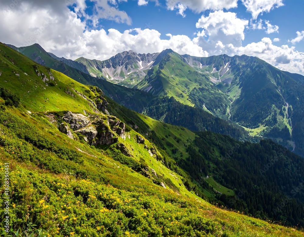 Fototapeta premium Majestic alpine vista showcasing vibrant green slopes, shadowed valleys, and peaks under a bright blue sky
