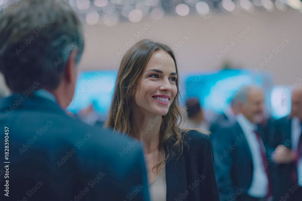 Fototapeta premium A business event exhibition shows businesspeople discussing with confident trusting expressions in a friendly setting.
