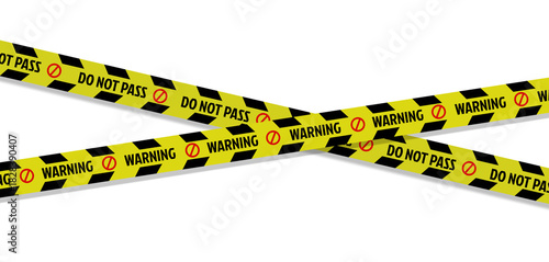 Yellow Warning Tape Barrier – “Do Not Pass” Safety Ribbon Isolated on White Background