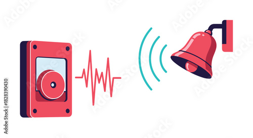A red fire alarm pull station connected to a ringing emergency bell, symbolizing immediate warning and safety alert system activation.