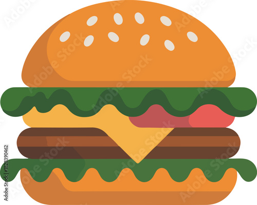 Hamburger vector icon with sesame seed bun cheese patty lettuce and tomato on a plain background