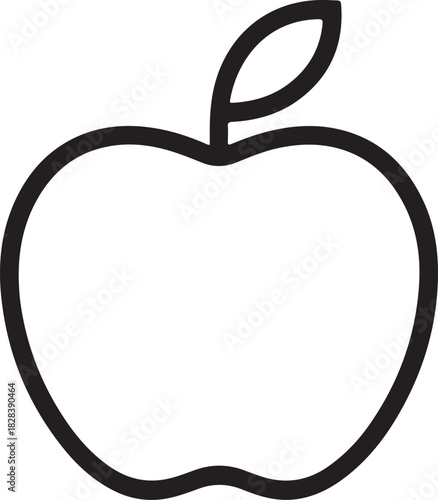 Outline vector apple fruit drawing with a single leaf on top, representing healthy eating.