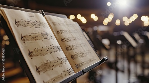Open musical score on a stand with blurred background of orchestral seating and warm lights creating an elegant atmosphere for a concert performance