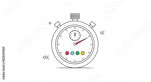 Clean line art illustration of a stopwatch showing elapsed time, featuring a red main hand and four colorful progress indicators.