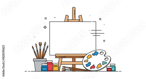 A minimalistic illustration featuring an artist's easel with a blank canvas, surrounded by painting supplies like brushes, a palette, and colorful paint pots.