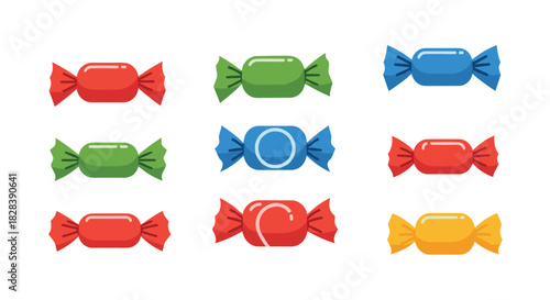Colorful wrapped candies in red, green, blue, and yellow, some with white patterns, arranged in a flat lay on a clean white background.