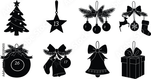 Christmas countdown silhouette, festive advent icon, holiday ornament vector, pine branch decor, gift box graphic, stocking illustration, seasonal celebration design