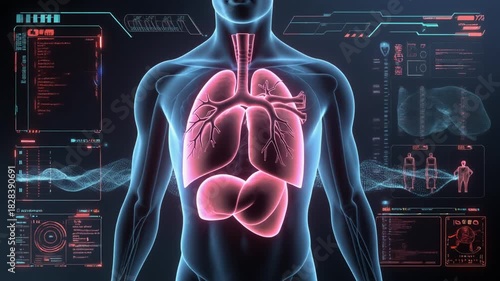 Anatomical Illustration Of A Human Body With Lungs Shown Illuminated In Pink Against A Dark Blue Background