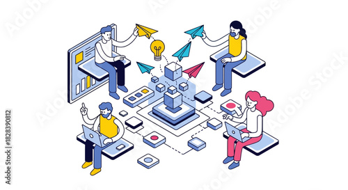 Agile Team Collaboration and Idea Exchange Flowchart. Isometric Illustration of Digital Strategy and Network Data Management.