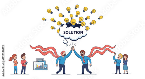 High-Five Business Success: Team Collaboration Finds a Brilliant Solution, Generating New Ideas and Innovation (Vector Illustration)