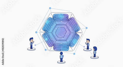 Business Team Collaboration with Abstract Data Core Structure: Deep Learning, AI Strategy, and Connected Problem Solving Network Illustration.