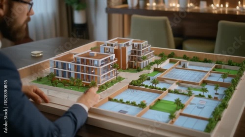 Businessman in Blue Suit Examining Architectural Model in Warmly Lit Interior Environment