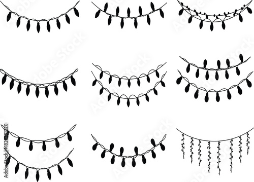 Christmas garland silhouette, festive string lights icon, holiday swag vector, hanging ornament graphic, curved decoration design, winter decor illustration