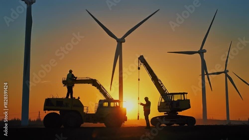 Silhouetted Construction Workers and Wind Turbines at Sunset Renewable Energy Concept