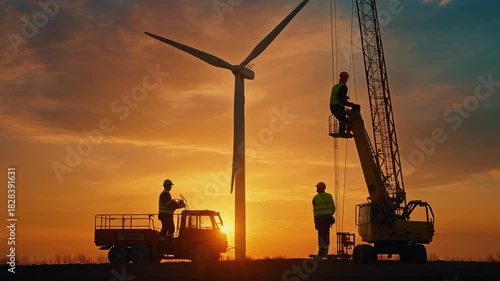 Silhouetted Wind Turbine And Construction Workers During Golden Hour
