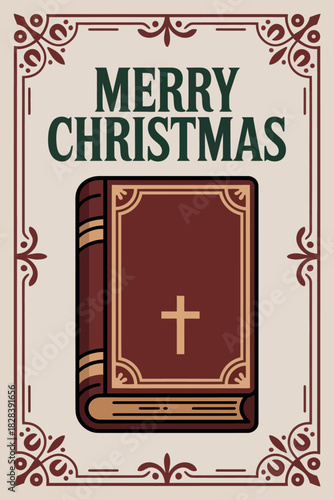 Merry Christmas with Illustrated Bible and Cross for Religious Holiday Greeting