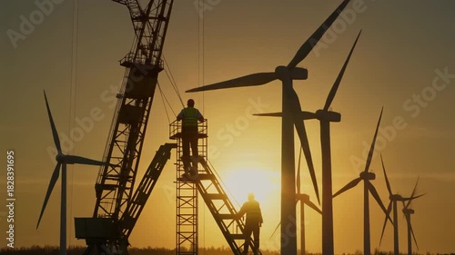 Silhouetted Workers On Crane At Sunset Near Wind Turbines In Rural Landscape