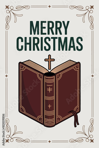 Merry Christmas with Illustrated Bible and Cross for Religious Holiday Greeting