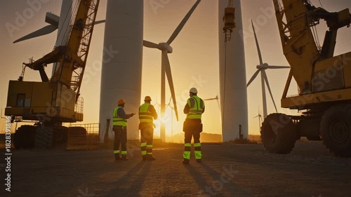 Three Engineers Observing Wind Turbine Construction Site at Sunset in Golden Light
