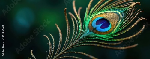 Single peacock feather, rich sapphire, emerald, and gold hues , bright, sapphire