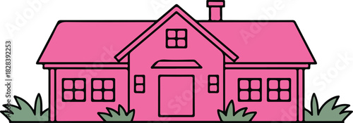 Pink suburban house vector illustration with green grass, representing home ownership and family living.