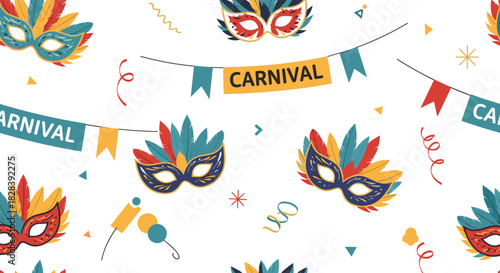Vibrant carnival celebration pattern with festive masks and colorful banners, perfect for party invitations and event decorations