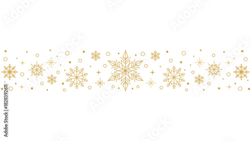 Gold snowflakes vector background banner; Elegant Christmas winter line art elements; Holiday header seamless pattern illustration