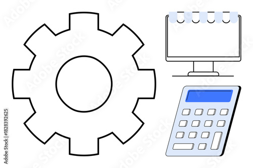 Gear with a monitor displaying a notepad and a calculator. Ideal for productivity, technology, business, planning, tools, efficiency, and organization. Simple flat metaphor