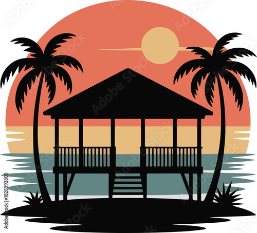 Tropical beach hut vector silhouette at sunset with palm trees and calm ocean in retro vintage style