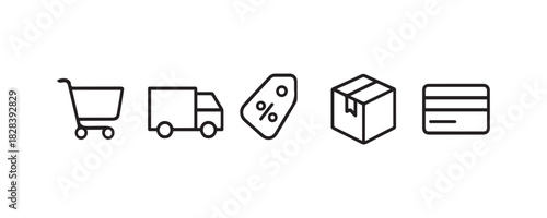 Illustration featuring shopping cart delivery truck discount tag box package and bank card icon