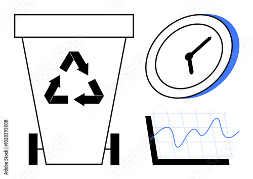 Recycling bin with sustainability symbol, clock showing time, line graph indicating progress. Ideal for sustainability, time management, efficiency, eco initiatives, waste management, productivity