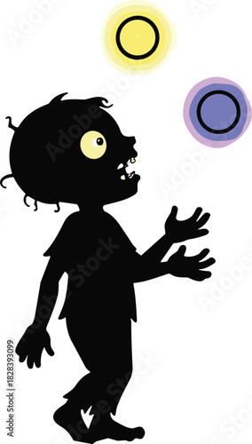 Cartoon silhouette character juggling colorful balls, playful spiky hair figure with large eye, whimsical minimalist design, dynamic motion vector artwork
