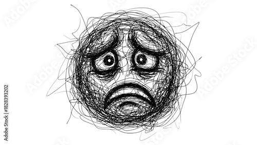 Depressed face drawing made of chaotic scribbled lines expressing pain anguish and inner turmoil art