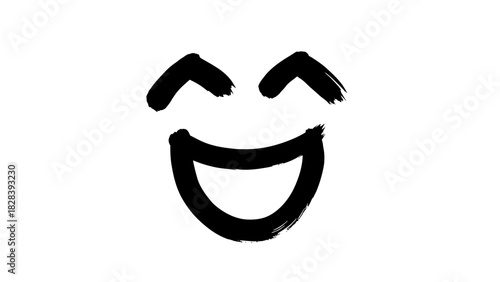 Hand painted black brush stroke drawing simple wide smile expression showing happiness and positive emotion