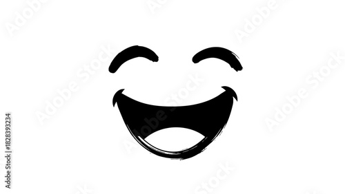 Happy face minimalist brush stroke drawing conveying loud laughter wide smile and pure enthusiastic joy