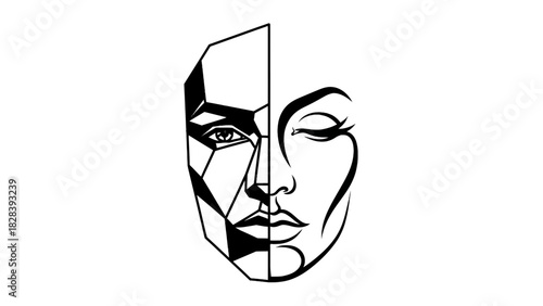Abstract graphic split portrait woman face geometric lines black and white illustration