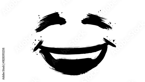 Rough black ink brush stroke drawing smiling face wide grin expression artistic style