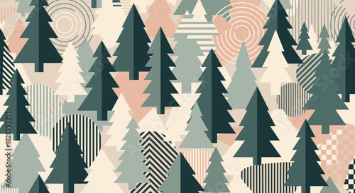 Stylish Christmas trees seamless pattern with modern geometric designs for festive holiday backgrounds and winter product packaging, adding a cool retro vibe